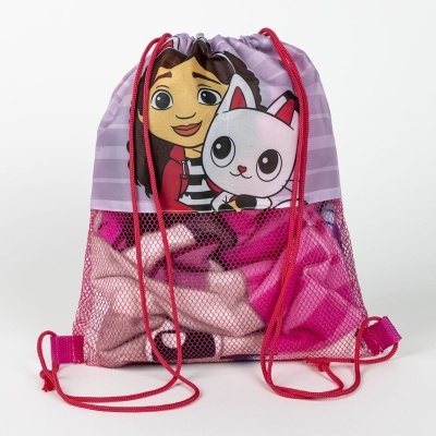 Mochila saco roxa com desenho de personagem animada e gato, com cordões vermelhos