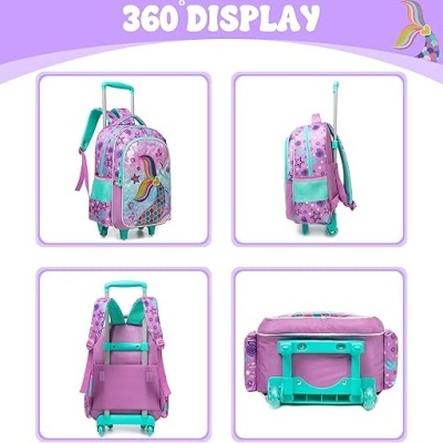 Mochila rosa e verde com padrão de unicórnio vista de vários ângulos