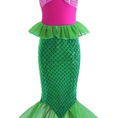 Vestido de criança estilo sereia rosa e verde com lantejoulas e cauda em tecido brilhante