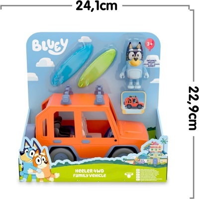 Brinquedo veículo familiar Bluey laranja com figura e pranchas em embalagem azul