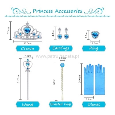 Conjunto de acessórios princesa azul e prata com coroa, brincos, anel, varinha, peruca e luvas