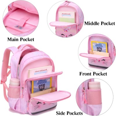 Mochila cor-de-rosa para criança com vários bolsos e estampa de rosto sorridente