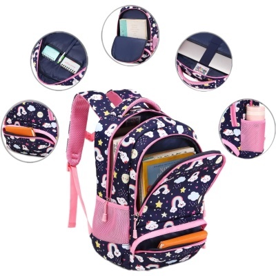 Mochila escolar azul escuro com padrão de unicórnios e corações, bolsos e alças rosas