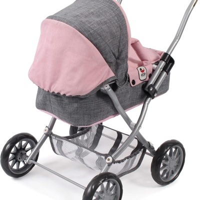 Carrinho de bebé cinzento e rosa com rodas e estrutura metálica