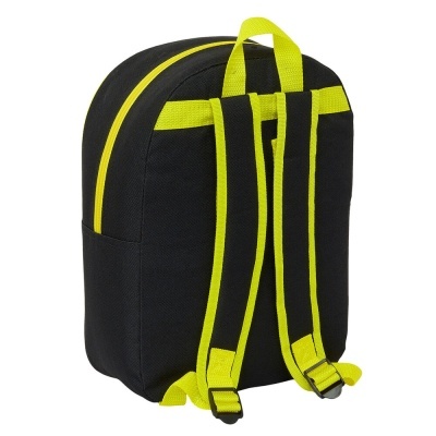 Mochila preta com detalhes amarelo neón e duas alças ajustáveis.