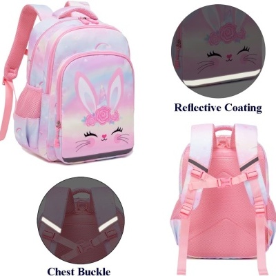 Mochila rosa para crianças com estampa de coelho, alças acolchoadas e detalhes reflexivos
