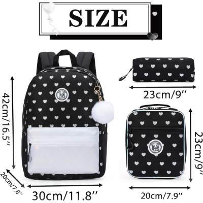 Conjunto Escolar Corações Preto - Mochila Escolar + Lancheira + Porta-lápis