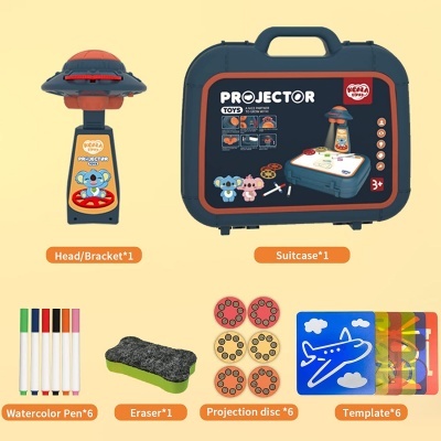 Jogo projector infantil com mala, canetas aguarela, borracha, discos de projeção e moldes coloridos