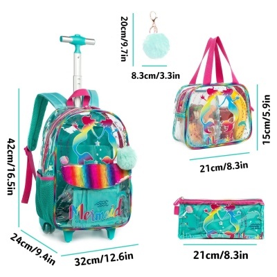 Mochila com rodas, bolsa e estojo azul turquesa transparente com desenhos de sereia e estrelas