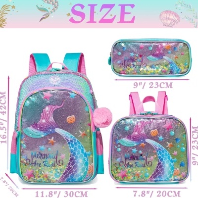 Conjunto Escolar Sereia - Mochila + lancheira + porta-lápis