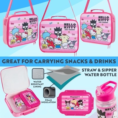 Mala térmica rosa Hello Kitty com personagens, garrafa de água e recipiente para snacks