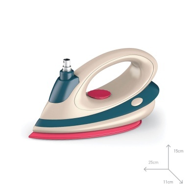 Ferro de engomar cinza e azul com base vermelha e botão, dimensões indicadas