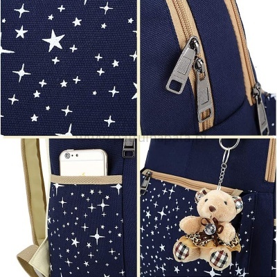 Mochila azul escura com estrelas brancas, fechos bege, bolso lateral com telemóvel e ursinho de peluche