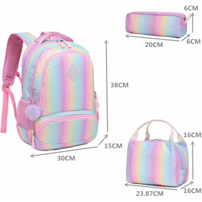 Conjunto de mochila, estojo e bolsa coloridos com padrão de riscas em tons pastel