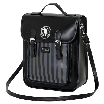 Mala preta com riscas cinzentas e pretas e alças ajustáveis.