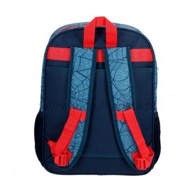 Mochila azul com padrão de nervuras e detalhes vermelhos vista de trás