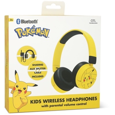 Caixa de auscultadores wireless amarelos e pretos para crianças com personagem Pikachu