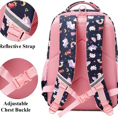 Mochila infantil azul com unicórnios e alças rosa ajustáveis
