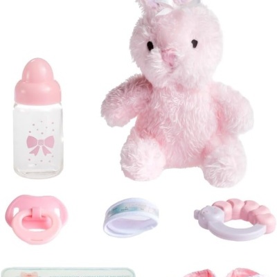 Conjunto de acessórios rosa para bebé com peluche de coelho e biberão