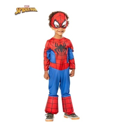 Fantasia infantil do Homem-Aranha com máscara e padrão de teia