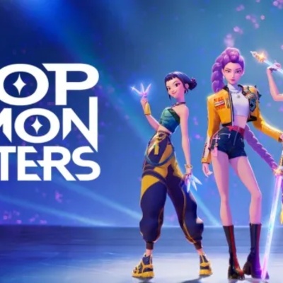 Personagens animadas com vestuário futurista e texto KPOP DEMON HUNTERS em fundo azul