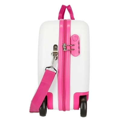 Mala de viagem branca e rosa vista de lado com rodas