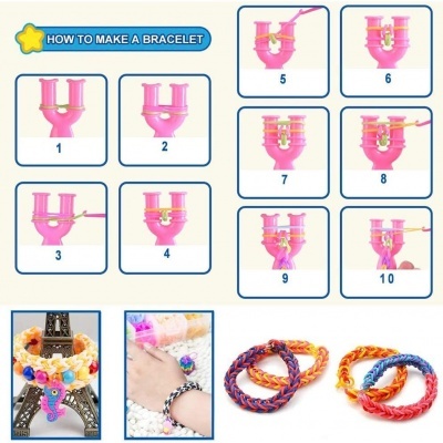 Instruções para fazer pulseira com kit de telar rosa e exemplos de pulseiras coloridas acabadas.
