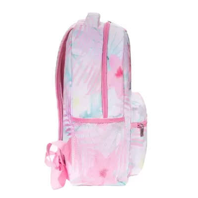 Mochila pastel com bolso lateral em rede rosa vista de lado