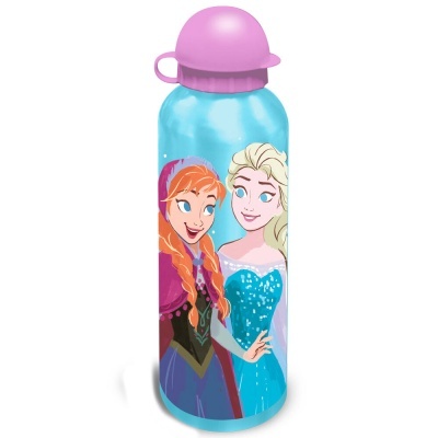 Garrafa azul com tampa rosa e ilustração das personagens Anna e Elsa de Frozen