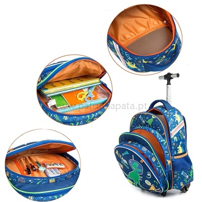 Mochila escolar azul com padrão de dinossauros e rodas com alça