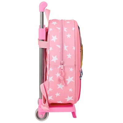 Mala infantil cor-de-rosa com estrelas brancas e rodas