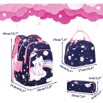 Conjunto Escolar - Mochila + lancheira térmica + porta-lápis - Gatinha Azul