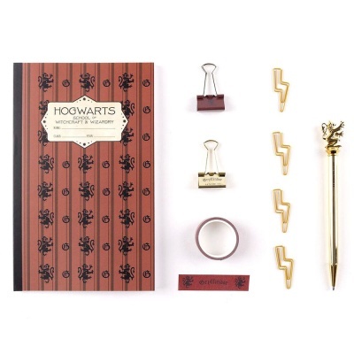 Conjunto de material de escritório com caderno Hogwarts, clips, fita adesiva e caneta dourada