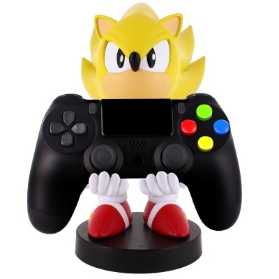 Suporte para comando de videojogo com figura de Sonic amarelo segurando um comando preto com botões coloridos