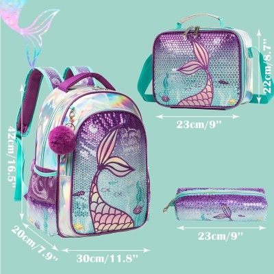 Conjunto Escolar Sereia - Mochila + lancheira + porta-lápis