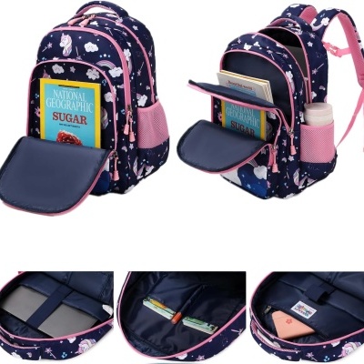 Mochila azul escura comunicórnios e nuvens, detalhes rosa, vários compartimentos e livro 'NATIONAL GEOGRAPHIC SUGAR'