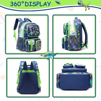 mochila azul com padrão de dinossauros em vários ângulos