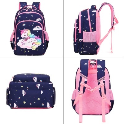 Mochila azul escuro com unicórnio e estrelas cor-de-rosa, vista frontal, lateral, base e traseira.