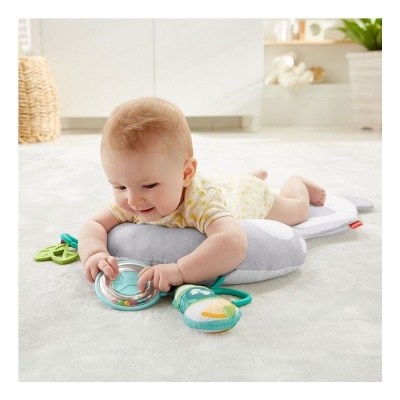 Bebé de bruços com almofada cinzenta e brinquedos variadamente coloridos