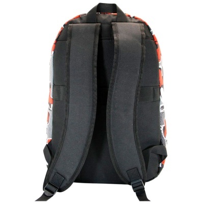 Mochila preta com alças acolchoadas e padrão colorido lateral