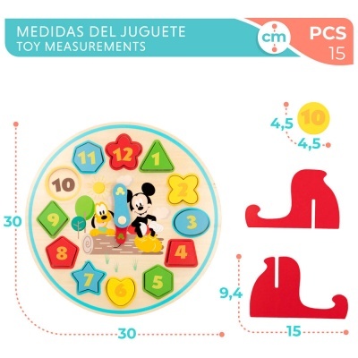 Relógio de brinquedo de madeira com números e personagens Mickey e Pluto