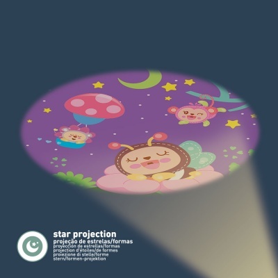 Projeção colorida de desenhos animados com inseto, macaco, estrelas, lua e balão cogumelo