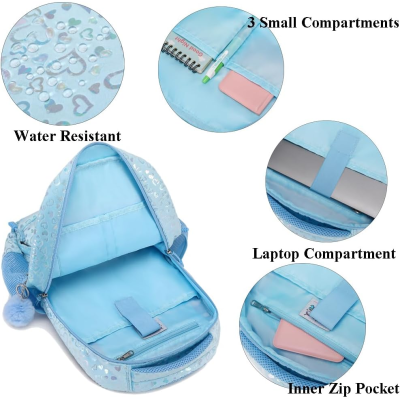 Mochila azul clara com corações brilhantes resistente à água e múltiplos compartimentos interiores