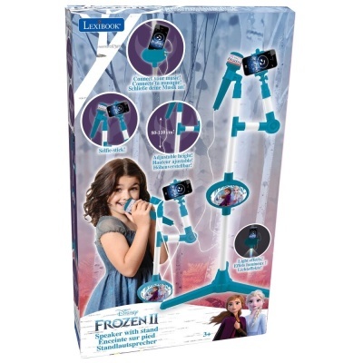 Embalagem do suporte para altifalante Disney Frozen II da Lexibook com tripé e bastão de selfie azuis