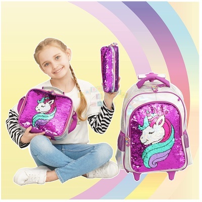 Conjunto Escolar Trolley Unicorn Lantejoulas Pink
