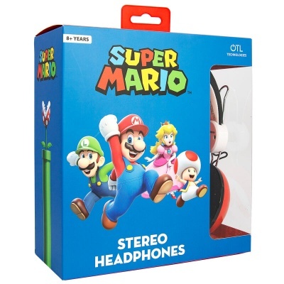 Embalagem azul de auriculares estéreo Super Mario com personagens do jogo e textos visíveis.