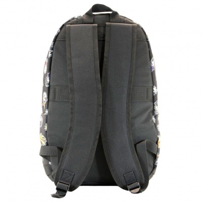 Mochila preta vista das costas com alças acolchoadas e padrão colorido nas laterais