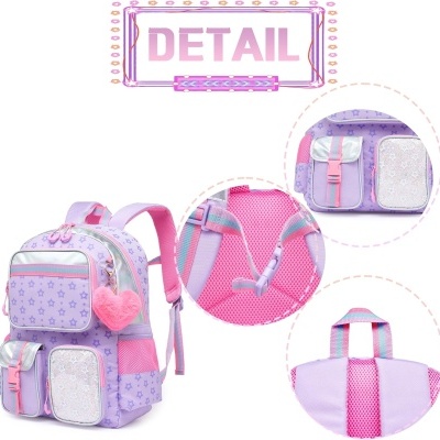 Mochila lilás e rosa infantil com padrão de estrelas e corações e vários bolsos
