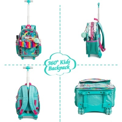 mochila de criança com rodas e alça extensível verde-água e rosa com estampado colorido