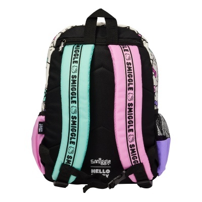 mochila colorida com alças verde água e rosa com texto SMIGGLE
